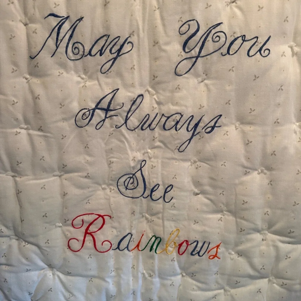 Vintage Rainbow & Clouds Ruffled Baby Quilt & Pillow Case Embroidered Nursery